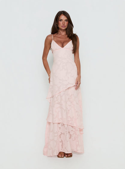 Princess Polly Lower Impact Lyricah Tiered Tie Back Maxi Dress Pink