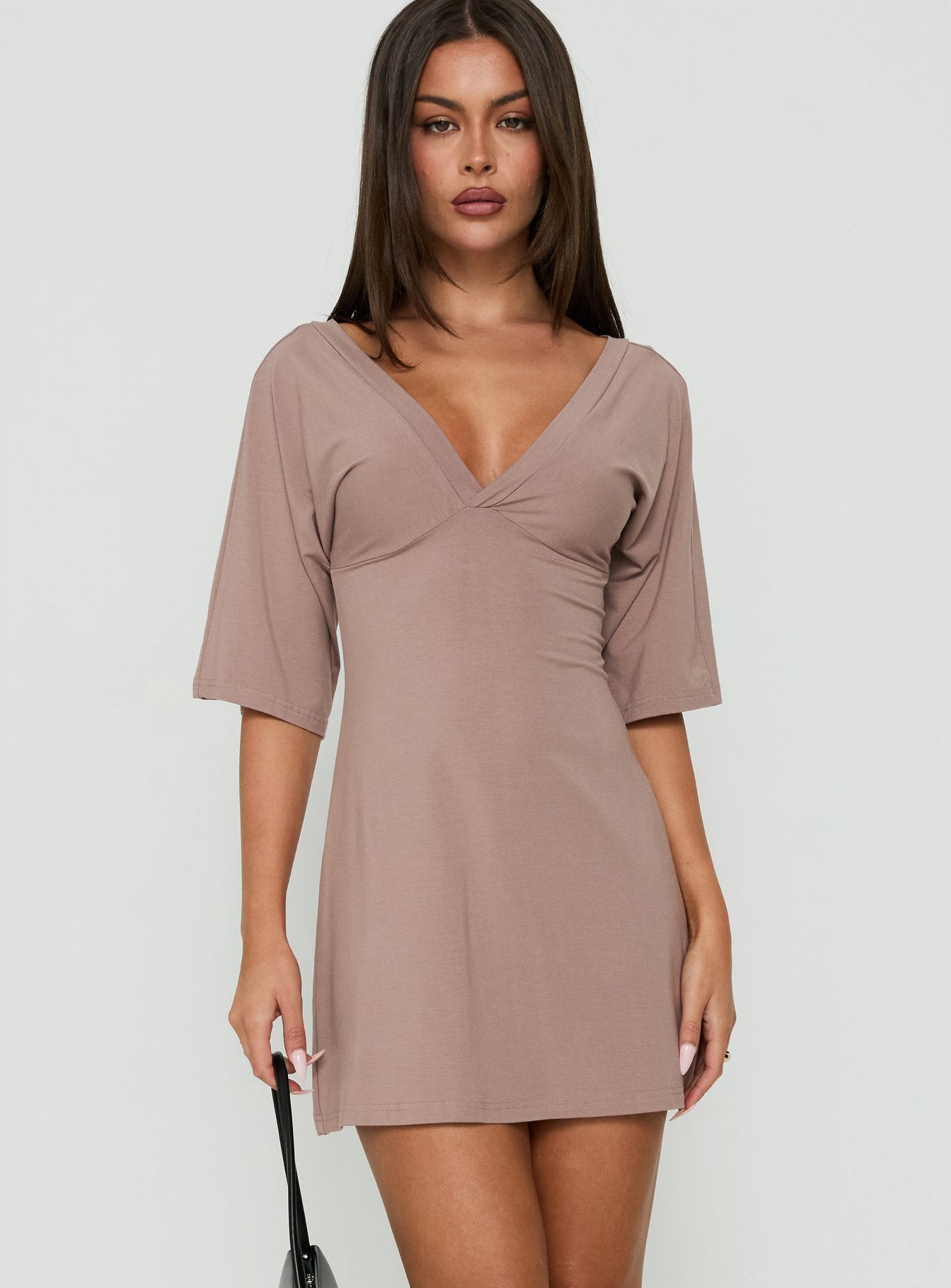 Princess Polly Lower Impact Reyya 3/4 Sleeve V Neck Mini Dress Taupe
