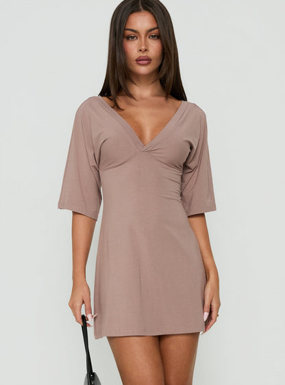 Princess Polly Lower Impact Reyya 3/4 Sleeve V Neck Mini Dress Taupe