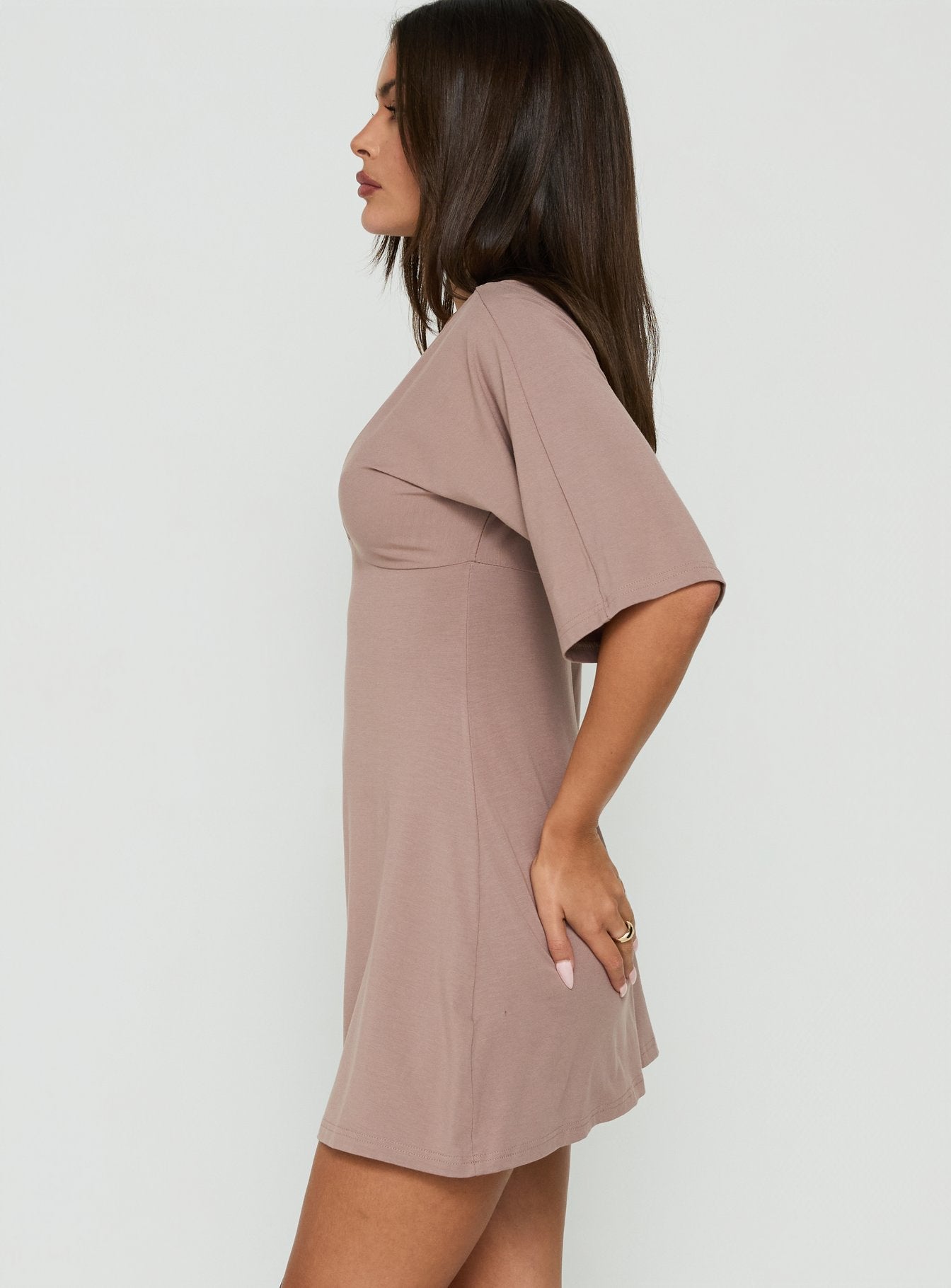 Princess Polly Lower Impact Reyya 3/4 Sleeve V Neck Mini Dress Taupe