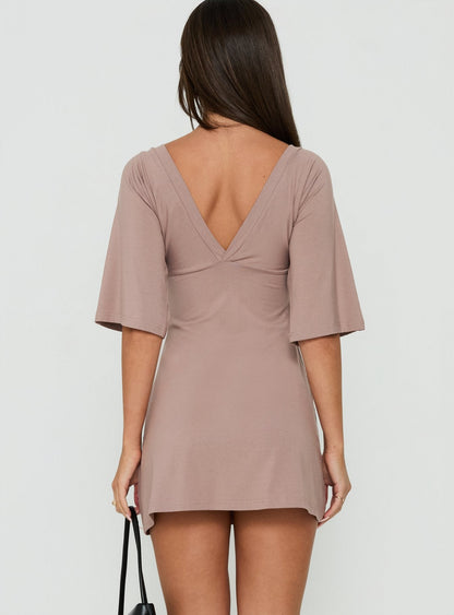 Princess Polly Lower Impact Reyya 3/4 Sleeve V Neck Mini Dress Taupe