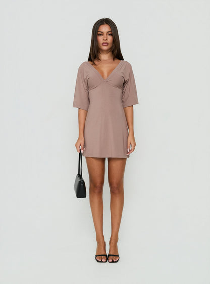 Princess Polly Lower Impact Reyya 3/4 Sleeve V Neck Mini Dress Taupe